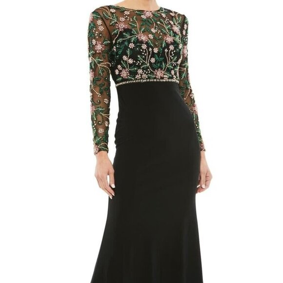 Mac Duggal Black Floral Embellished Illusion Gown